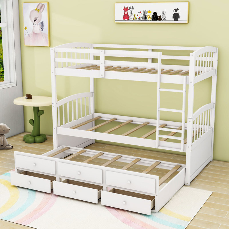 Twin-Over-Twin Wood Bunk Bed With Twin Trundle And Drawers,Ladder, White