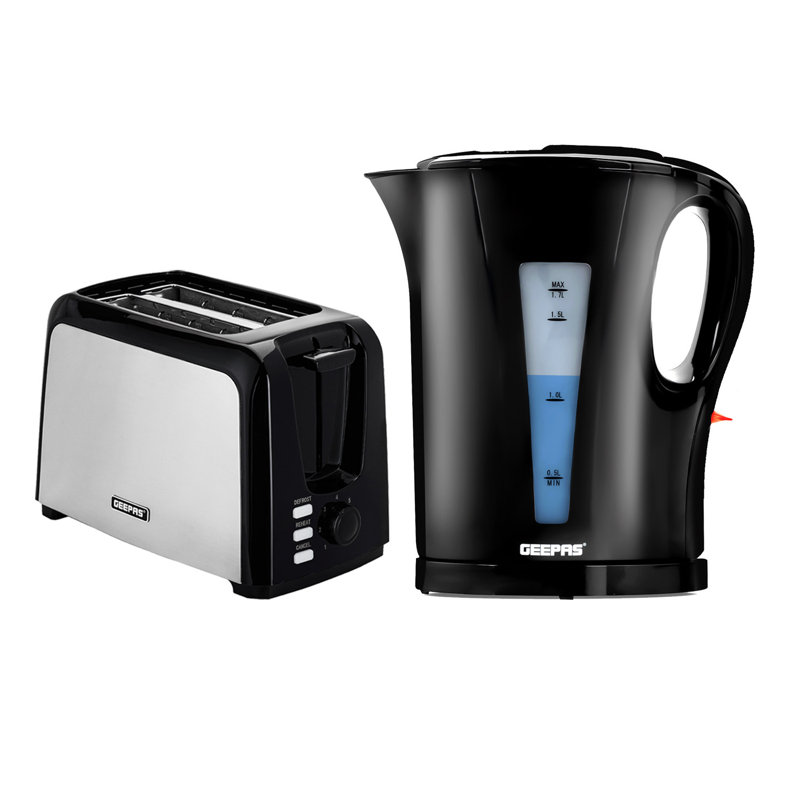 GEEPAS 2 Slice Bread Toaster & 1.7L Electric Kettle Kitchen Combo Set | 750W Toaster, 7 Level Browning Control, Defrost, Reheat & Cancel Function | 2200W Rapid Boil Cordless Jug Kettle