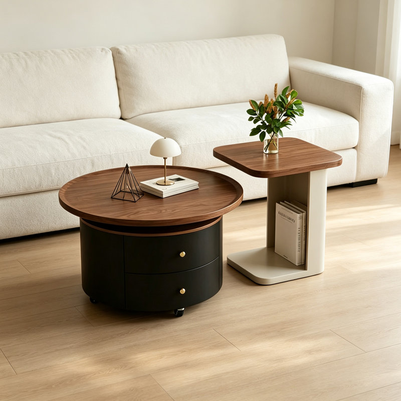 Roulettes mobiles de table basse de salon, 17.71" H x 23.62" W x 23.62" D, Cream/Black
