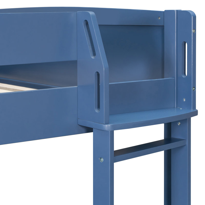Lit mezzanine double en bois avec bureau, tablette de rangement de chevet, canapé et lumière, bleu marine, Marine