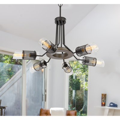 Lustre en bois de pin et en métal 6 lumières avec abat-jour en verre et en filet Savona
