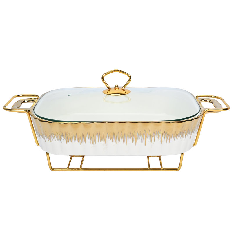 Gold - Rimmed Heated Rectangular Ceramic Buffet Server - Warm - Keeping & Fresh - Locking