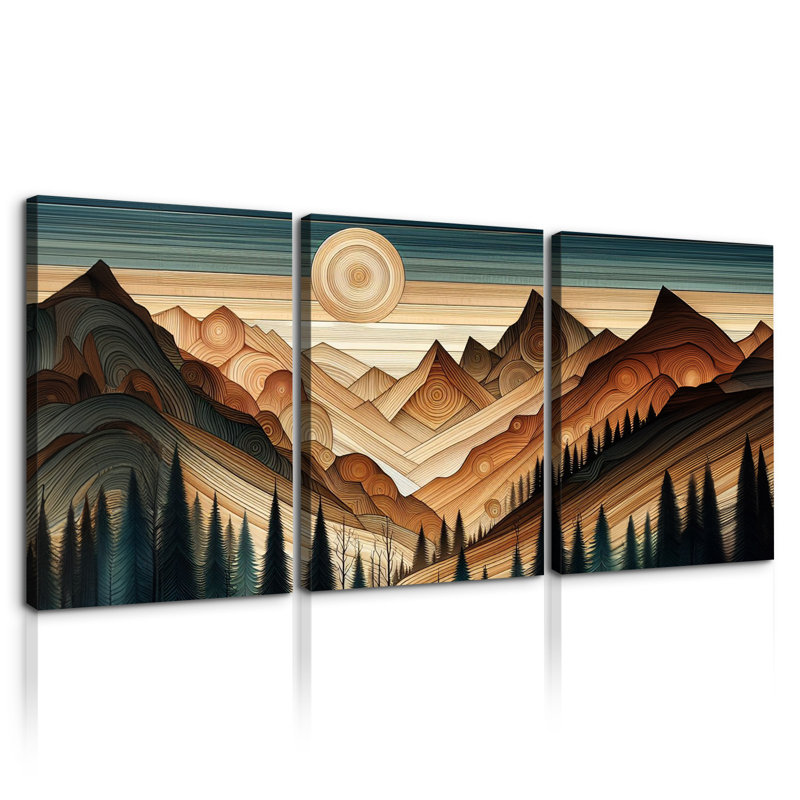 Abstrait grain de bois style bohème forêt de montagne 3 pièces, H 40 po x l 28 po x P 4,5 po