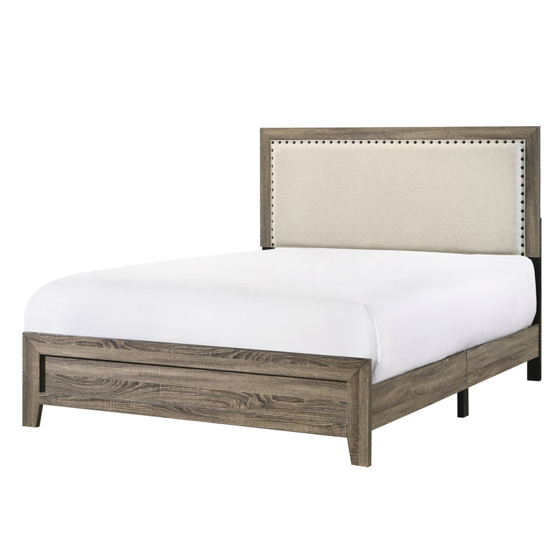 Lit séduisant avec tête de lit tapissier et bordure captivante, Gris, Grand lit