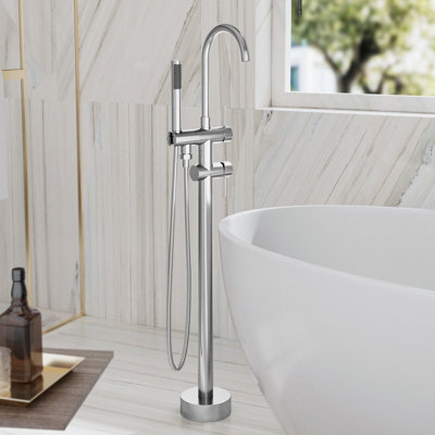 Robinet de baignoire autoportant en nickel brossé 45 po avec douche à main H 45 po | Bec pivotant à 360 °, débit de 3,9 gal / min, acier inoxydable 304, certifié CUPC