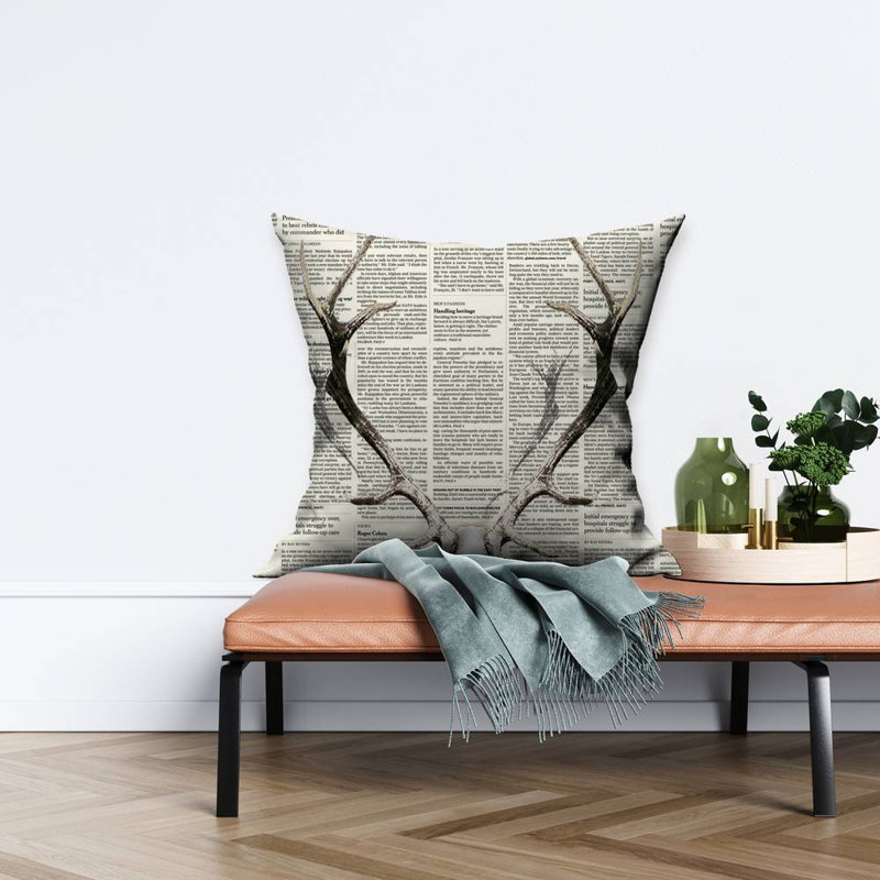 Deer horns on newspaper - 26"x26" Throw pillow - Poly twill - Print on demand