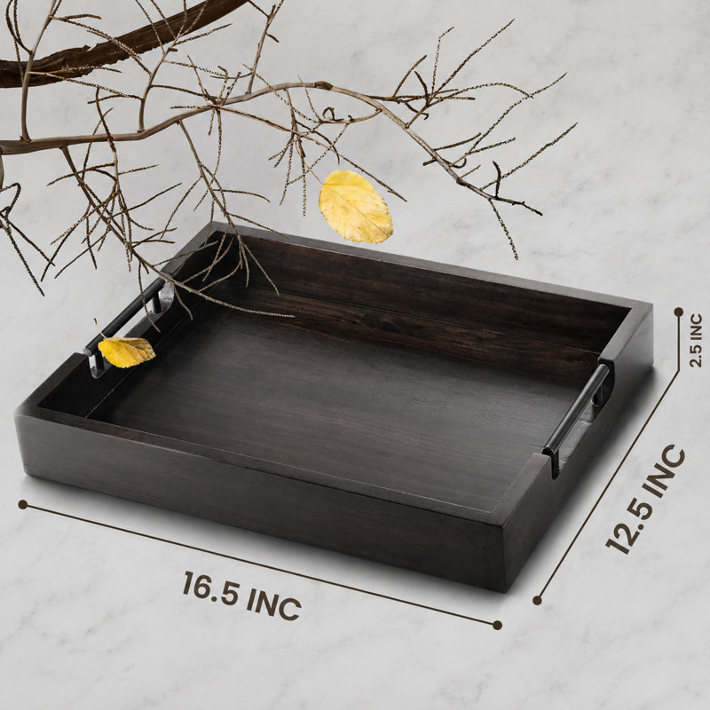 Wood Decorative Serving Tray with Metal Handles, Walnut
