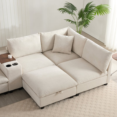 Canapé modulaire Boneless de 139 po en forme de U avec console, canapé en velours côtelé en L surdimensionné avec siège large, chargeur USB, porte-gobelets, repose-pieds mobile, poches de rangement, 6 sièges pour le salon