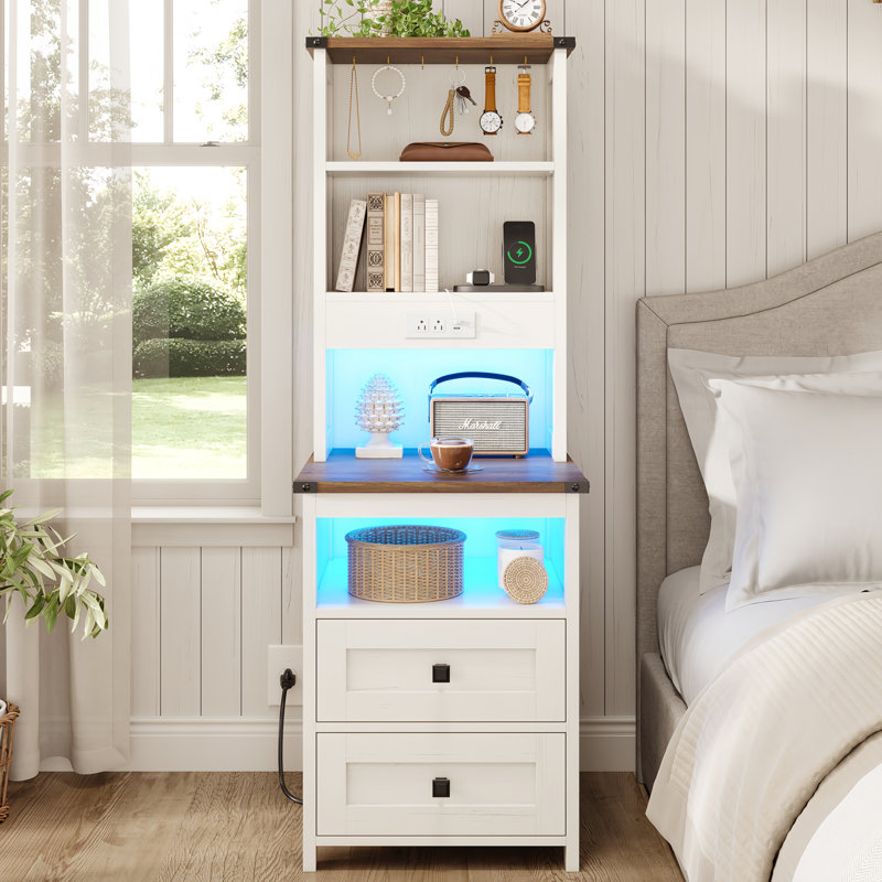 2 Drawers Farmhouse Tall Nightstand with Charging Station and Bookshelf, Antique White, 1