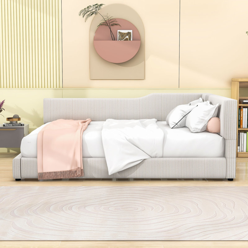 Lit de jour rembourré en bois et velours côtelé, Beige, Lit double