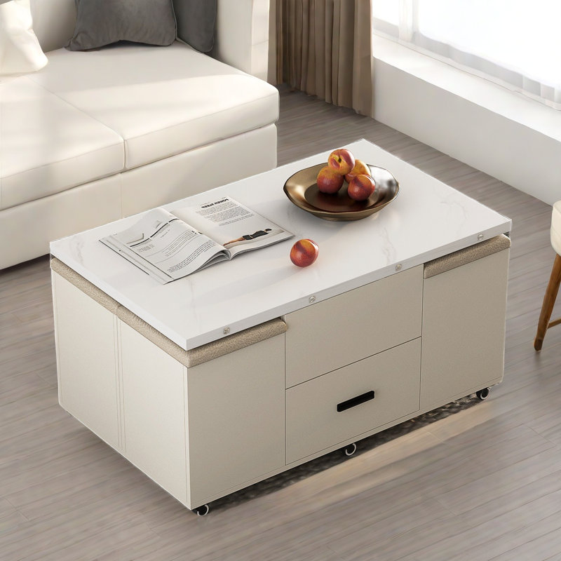 Modern Lift-up Folding Coffee Table With 4 Stools, 2 Drawers And Hidden Storage Space 