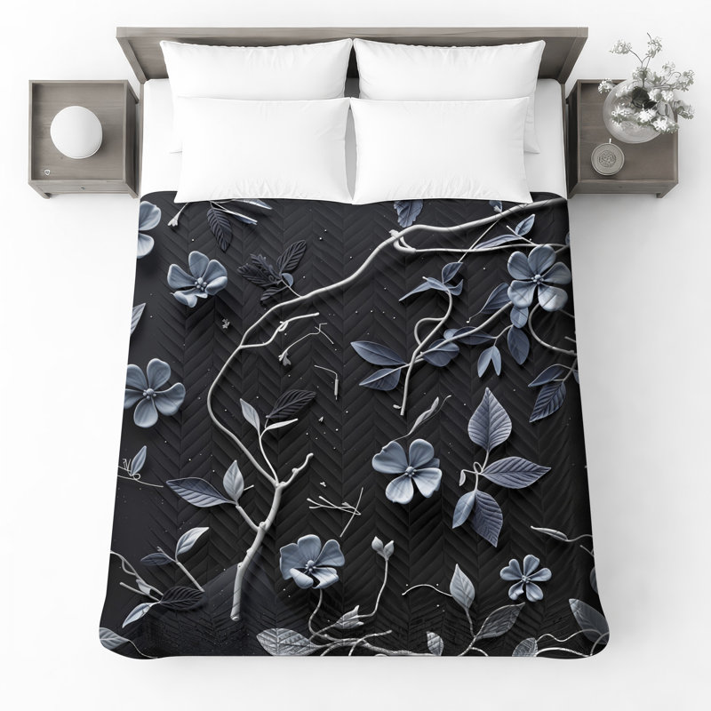 Couvre-lit matelassé à fleurs noires et blanches, Très grand lit