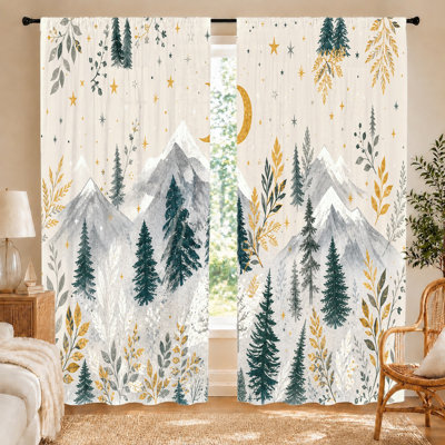 2Pcs rideaux d'arbre de montagne, tissu filtrant la lumière, motif circulaire mystérieux, protection solaire et protection de la vie privée, conception à passe-tringle, convient au salon, à la chambre à coucher, au balcon, à la cuisine