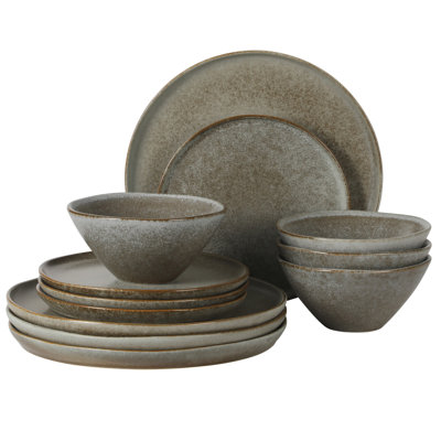 Ensembles d'assiettes et de bols Gibson Elite Coastal Forest, ensembles de vaisselle en grès 12 pièces, ensemble de plats à triple glacis réactif - gris ardoise