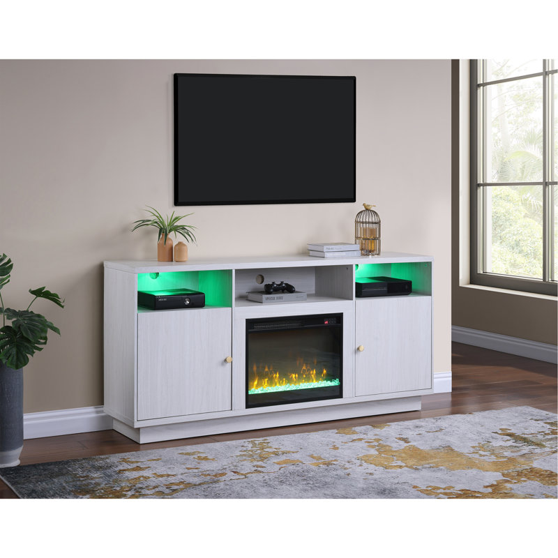 Ambrose 70"W White Walnut Finish Fireplace Console TV Stand With Heater, LED Light, Cabinets, Shelves
