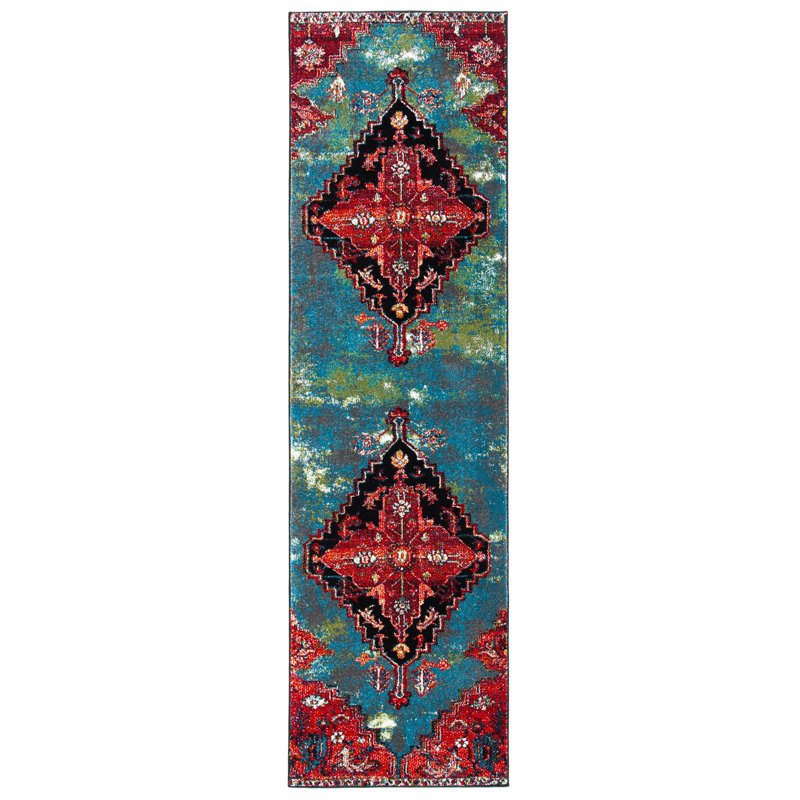 Tapis bleu / rouge Drumnasole Southwestern, Tapis de couloir 2 pi 3 po x 8 pi