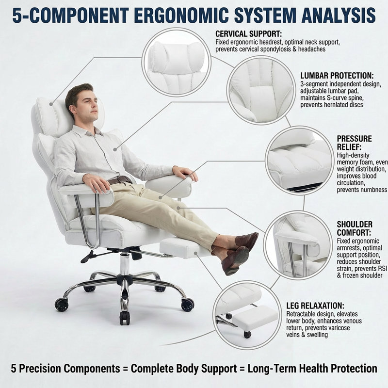 Fauteuil de direction ergonomique robuste à haut dossier avec repose-pieds rétractable, 400 lb, blanc, White
