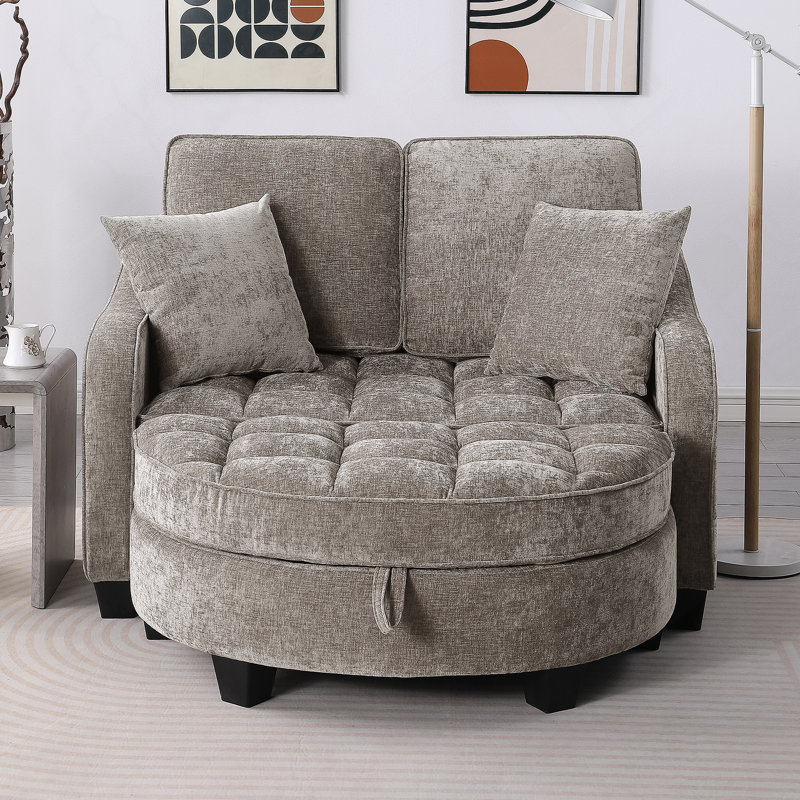 Canapé à deux places avec méridienne, accoudoirs irréguliers, repose-pieds de rangement et coussins décoratifs - brun, Brun