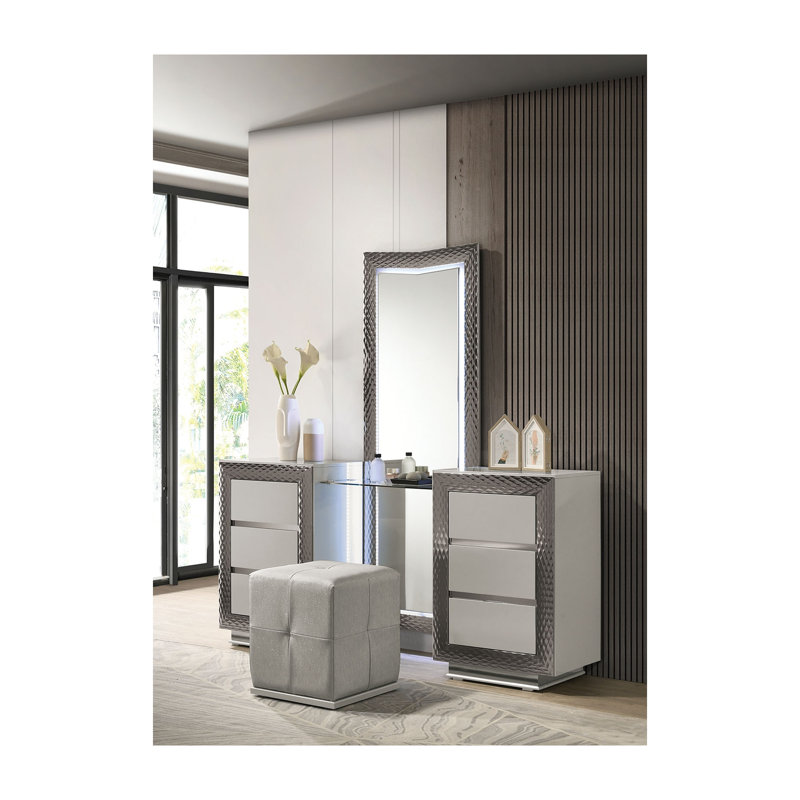 Ensemble de coiffeuse Glam avec miroir DEL et plateau en verre