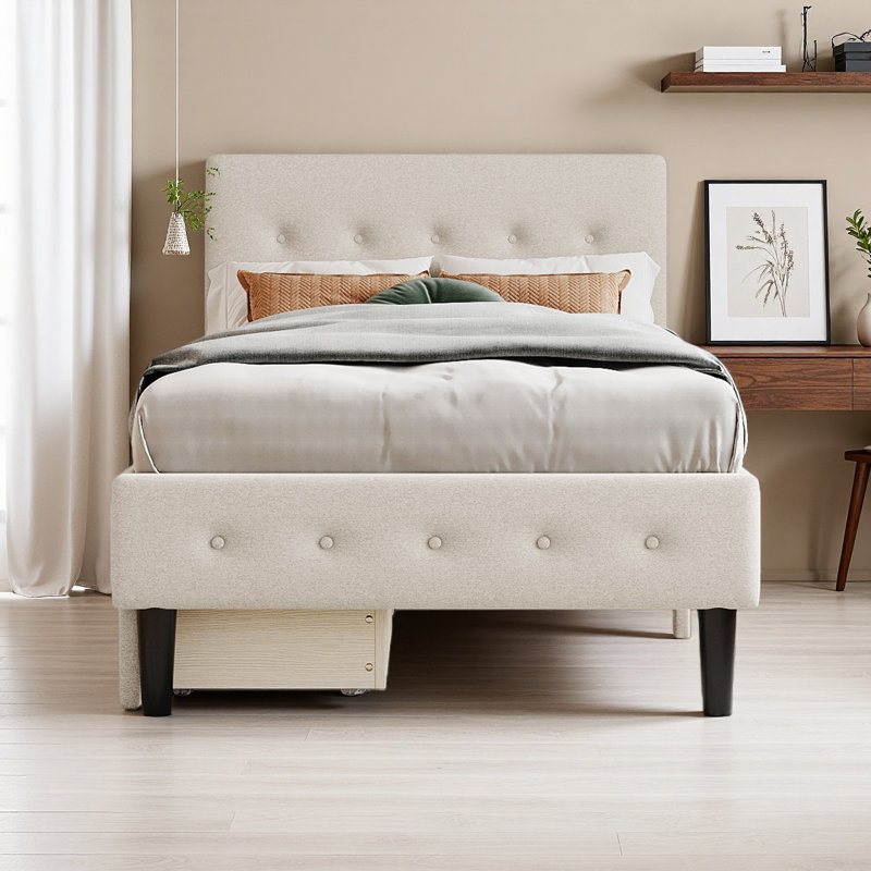 Lit plateforme simple tapissier avec 2 tiroirs, Beige