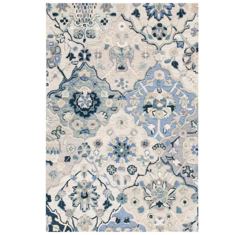 Tapis gris / ivoire / bleu en laine touffeté à la main Taumsauk, Rectangle 4 pi x 6 pi