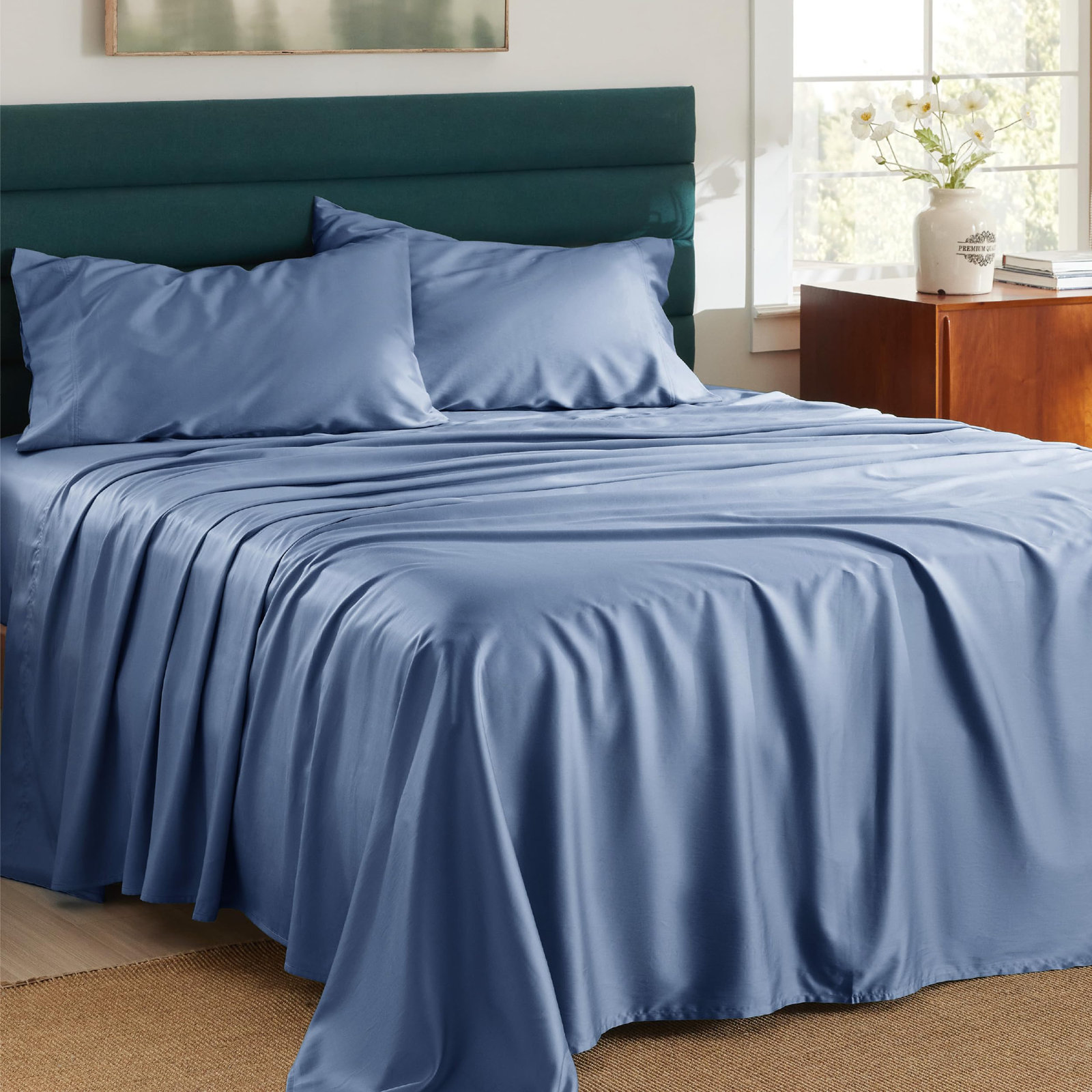 Lyocell Cotton Sheet Set, King Sheet Set with 1Fitted Sheet and 2Pillowcases, Blue