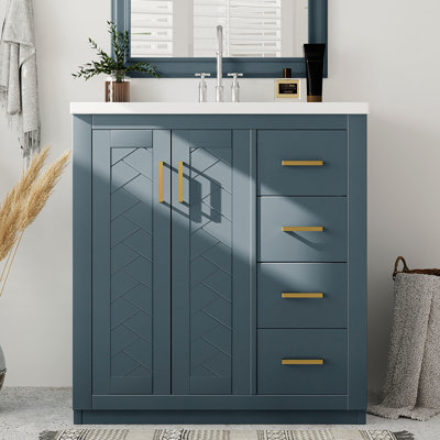 Meuble-lavabo de 30 po avec planches, cadre en bois massif, rangement spacieux, style rétro, lavabo exquis en céramique avec poignée en métal, 3 tiroirs, portes