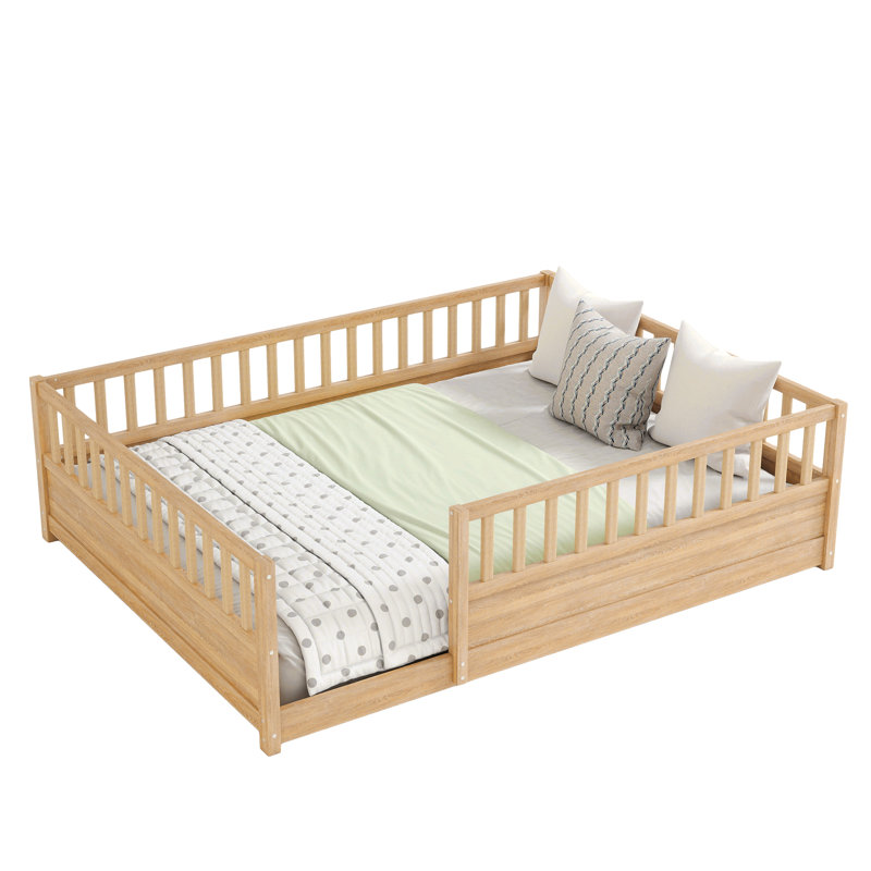 Lit de plancher en bois à profil bas avec garde-corps de sécurité Fendorae Modern Montessori, Natural