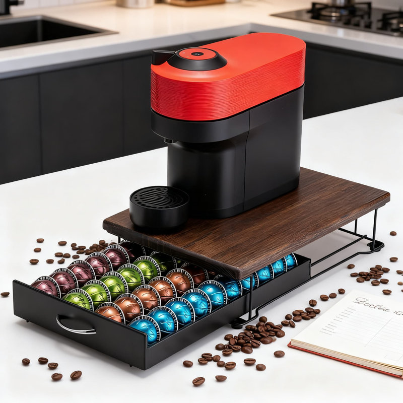 Pod Drawer Organizer And Machine Stand With Wood Top, Holds 40 Capsules, Modern Coffee Bar Storage Solution