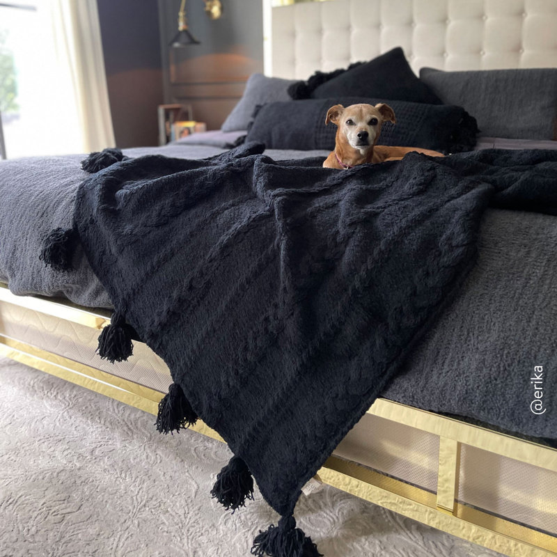 Braided Pom Throw Blanket, Black