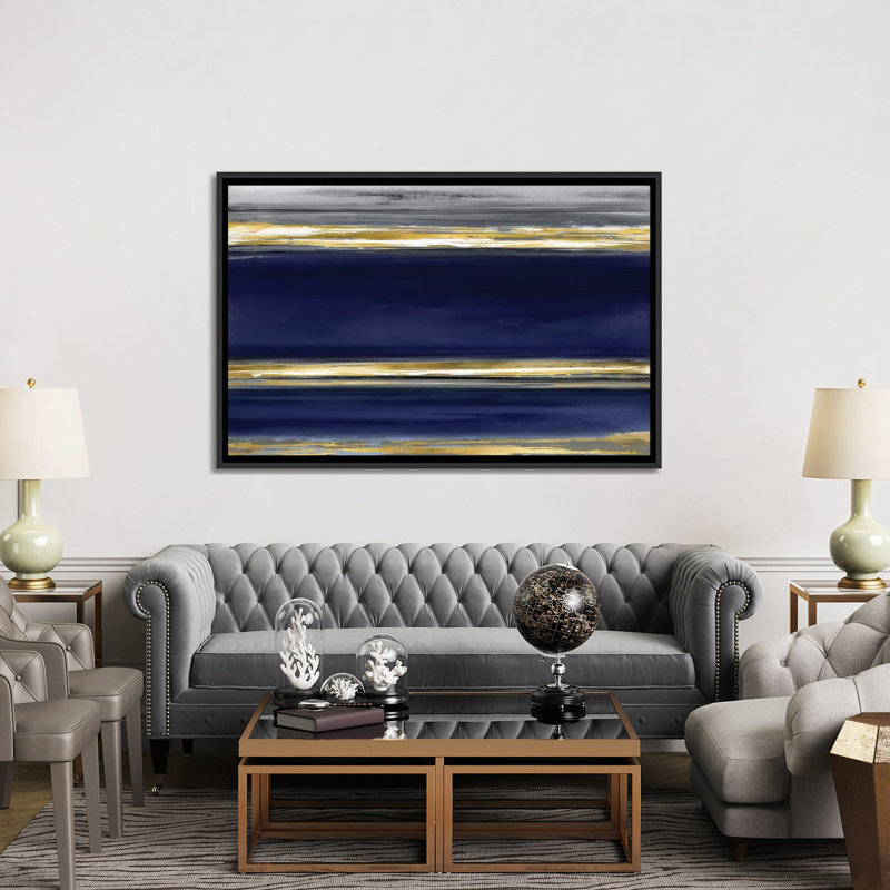 «Parallel Lines on Indigo», impression sur toile, H 18 po x l 26 po x P 1,5 po, Toile avec cadre noir, Pas de tapis