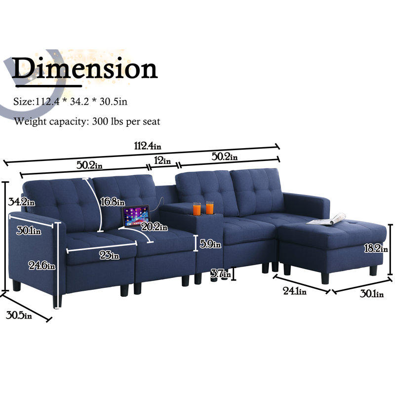 Kentrell Sectional Sofa With USB Ports & Cup Holders, Blue Polyester Blend