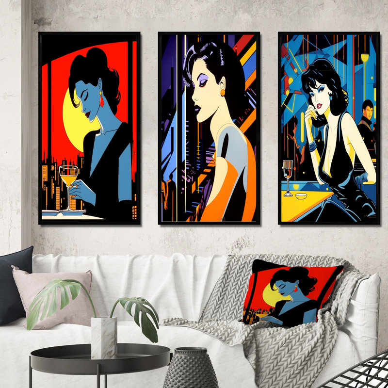 «Pop Art Night Life Diva III», 3 pièces sur toile, Cadre flottant noir, H 20 po x l 36 po
