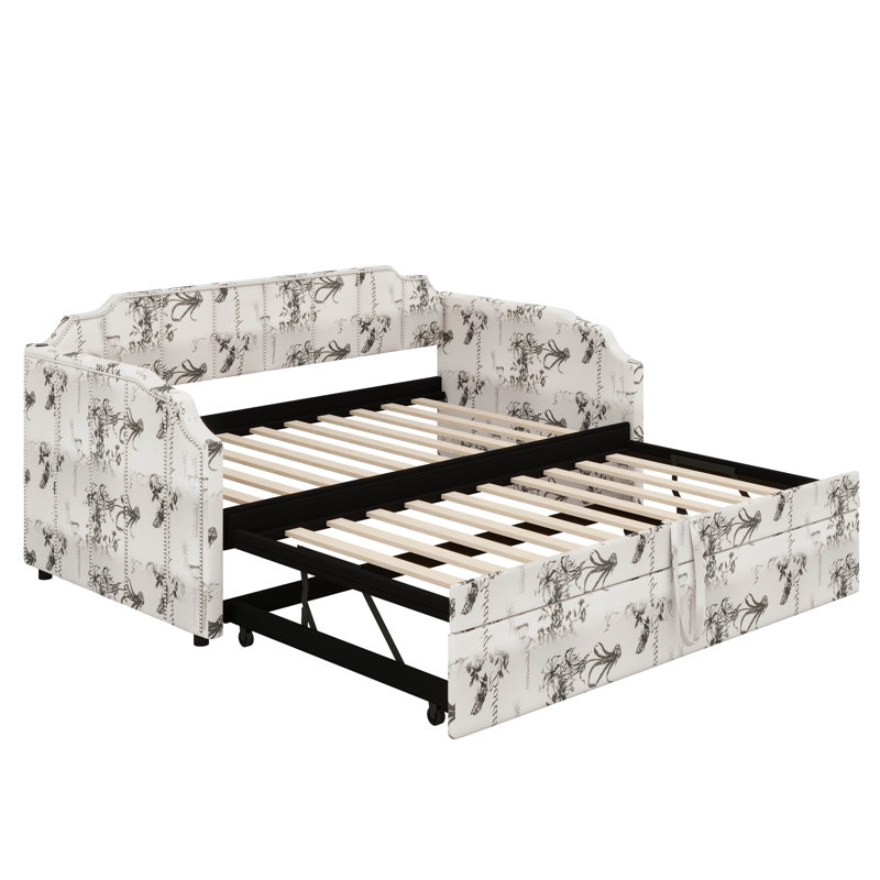 Lit de jour rembourré avec lit gigogne escamotable et ports de charge USB, canapé-lit pour chambre d'amis, chambre à coucher