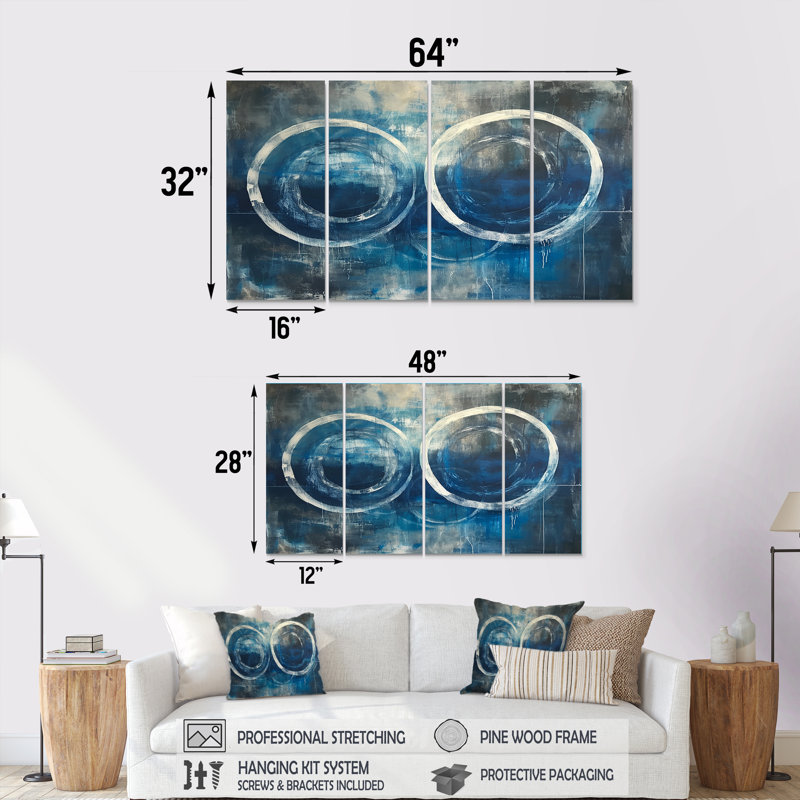 Cercle blanc blanc grunge bleu - art mural géométrique sur toile 4 pièces, H 28 po x l 48 po