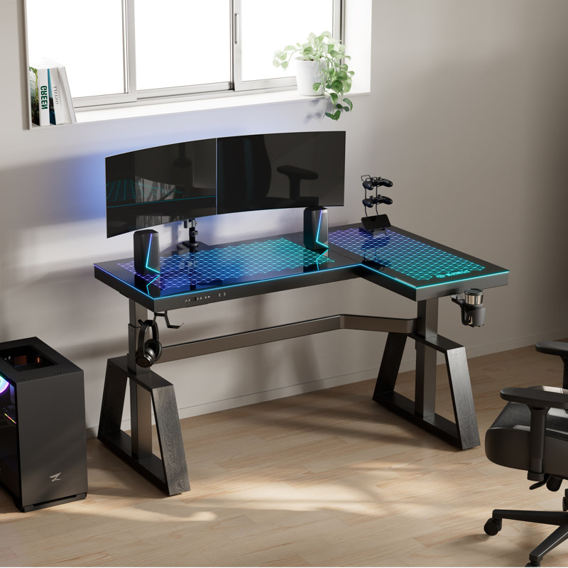 Chaniqua Music Synced RGB LED Glass Gaming Desk, Right Hand
