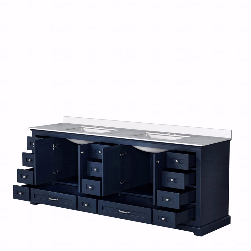 Meuble-lavabo double 84 po x 22 po profondeur, comptoir en quartz blanc, Bleu, Quartz blanc
