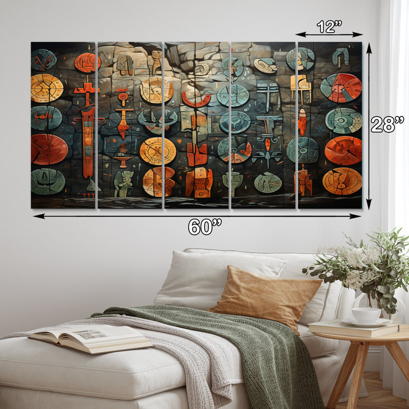 Native Art Antique Petroglyphs II - Native American Wall Art Living Room - 5 Equal Panels