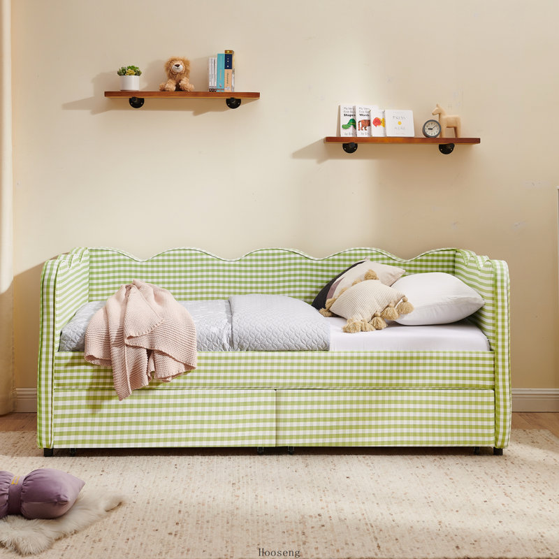 Lit de jour simple en vichy avec deux tiroirs de rangement, port USB et conception en forme de vague, tissu en lin, Marine