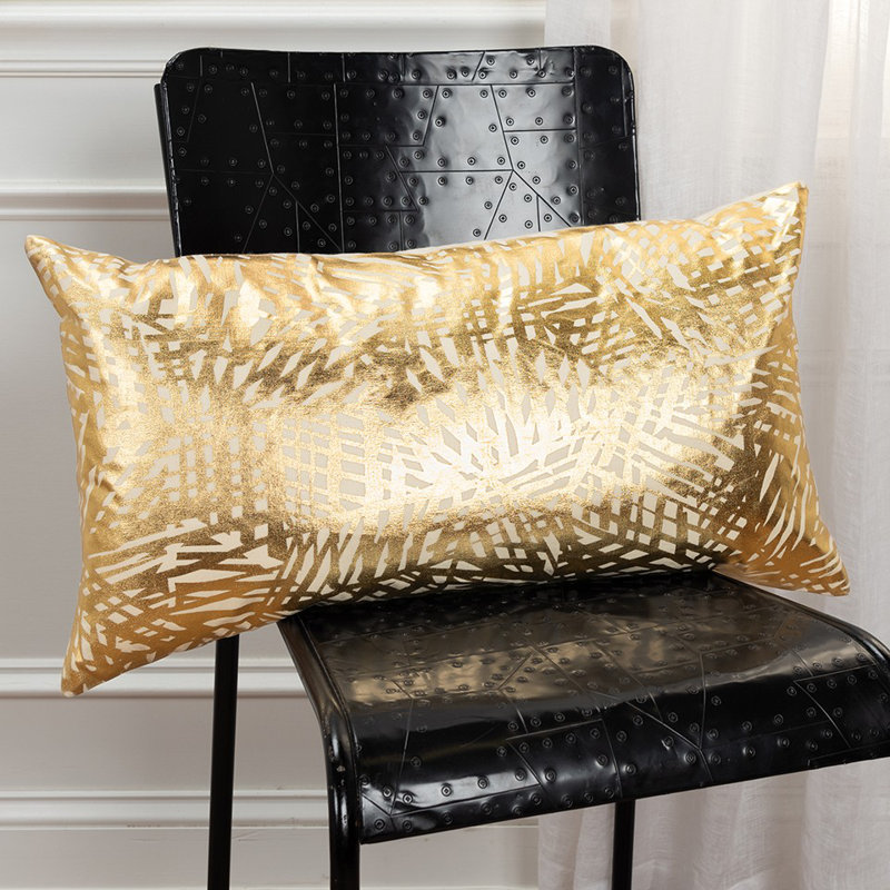 Gold and White Cotton Lumbar Pillow with Etched Pattern