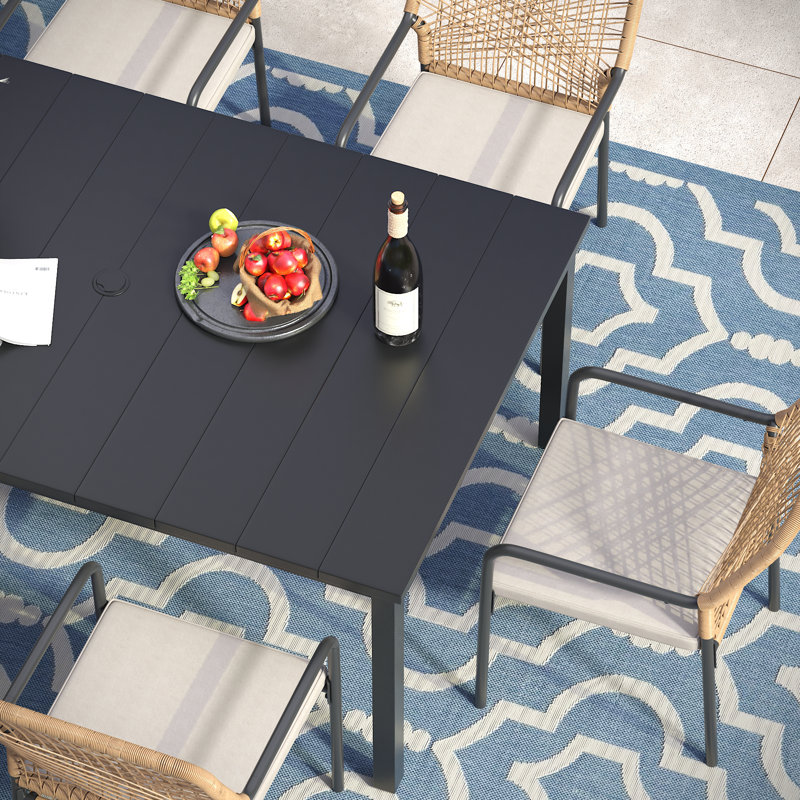 6-Person Rectangular Patio Dining Set With Cushioned Stackable Rattan Chairs, Black