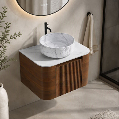 Bathroom Vanity, Erba 24", with Sink, Walnut Wall Cabinet with Free Towel Rack, Single Carrara White Ceramic Basin (no drain/faucet), Pre-assembled