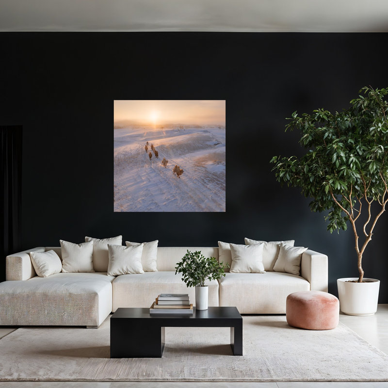 «Sunrise Desert Camels Abstract Contemporary Landscape Nature», reproduction d'art murale, 48" H x 48" W