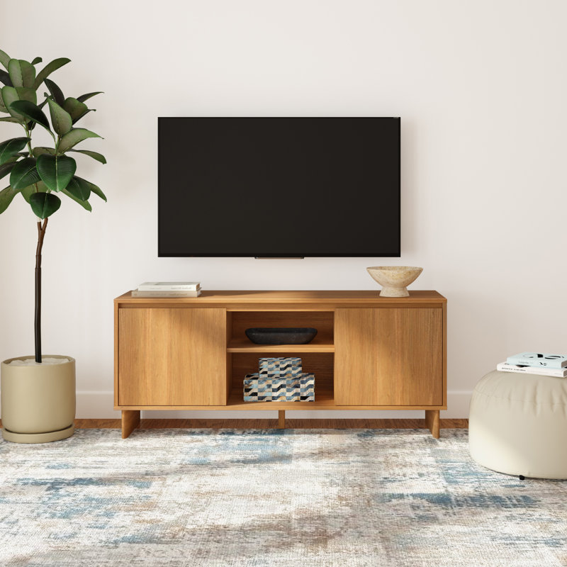 Modern TV Stand, 2 Door with Middle Shelf  (59 x 16 x 25in), Pecan, Pecan, 25"H x 59"L x 16"W