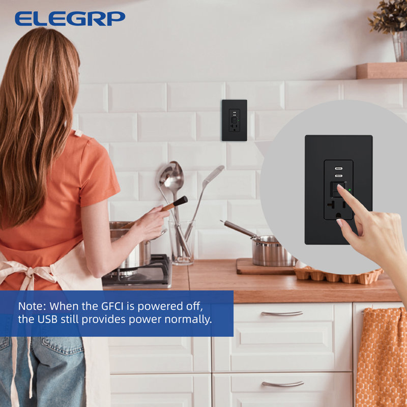20 Amp Self-Test GFCI Outlet, And 24W In-Wall USB Charger Combo Receptacle, Dual Type C,  4.8A Of Charging Power, UL And CUL Certified, Midsize Wall Plate Included,  (1-Pack)