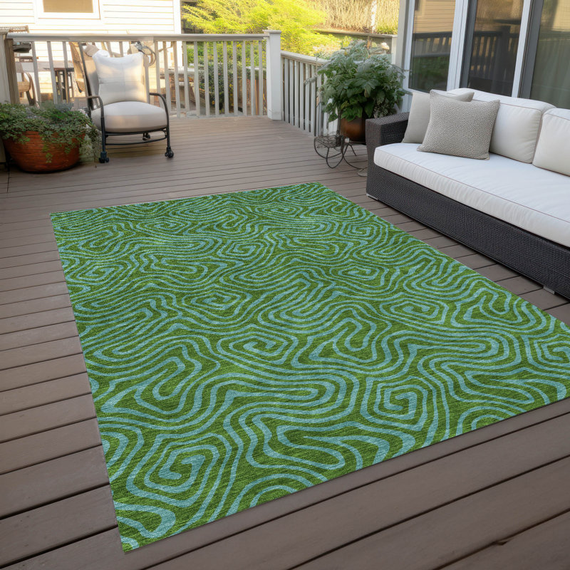 Green Flat Woven Rectangular Synthetic Washable Rug 3' x 5'