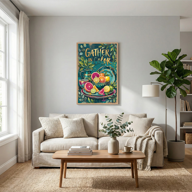 Art mural sur toile fond de tranches d'agrumes et de texte doré sur fond sarcelle, H 48 po x l 32 po