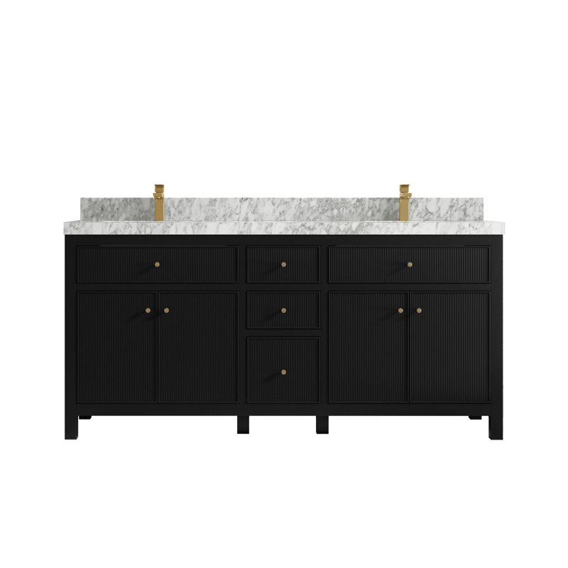 72'' Double Bathroom Vanity with Top, Black, Carrara Marble