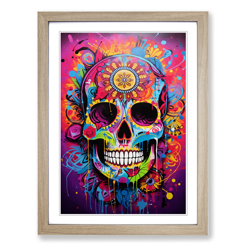Sugar Skull Action Painting No.2 - Single Picture Frame Print on Wood, 46cm H x 34cm W x 2cm D, Oak