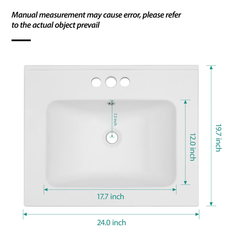 Dessus de meuble-lavabo simple blanc 24 po x 19,7 po avec trous de robinet 4 po et trop-plein (lavabo seulement)